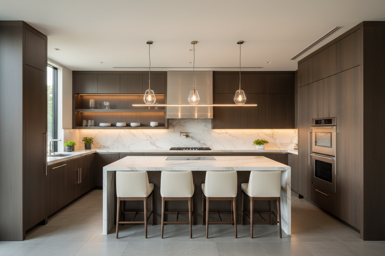 Upscale kitchen with integrated refrigerator and wall oven