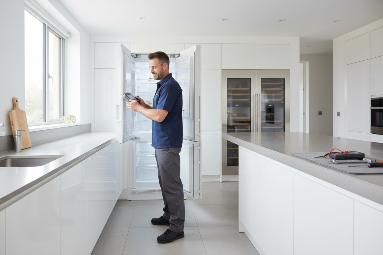 Professional technician inspecting a built-in refrigerator